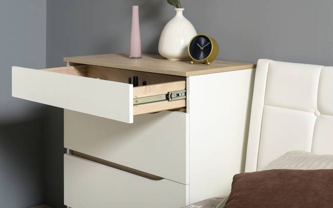 Муссон мебель для спальни: кровать 1600, основание, тумбочка и комод 4-ре ящика цвет белый/дуб эндгрейн элегантный