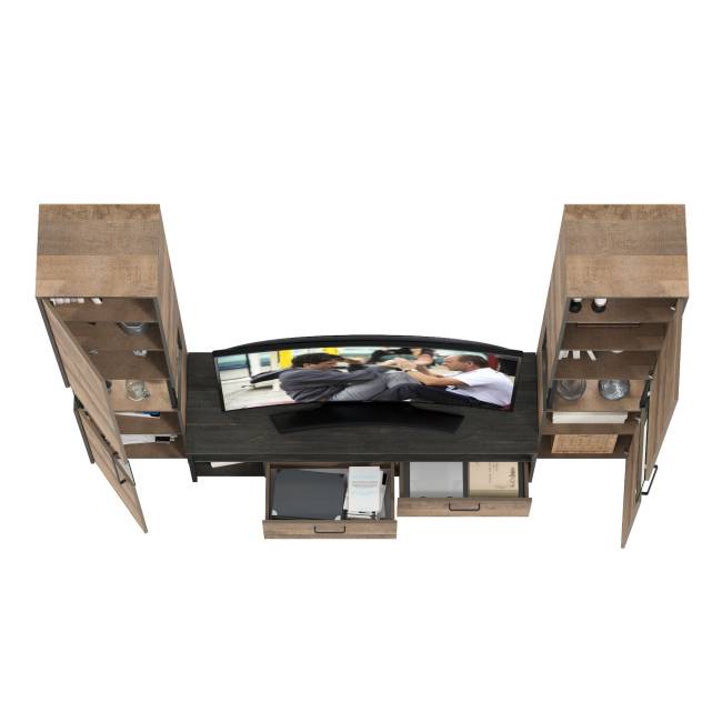 Два шкафа-пенала с подсветкой и тумба под ТВ Трувор № 18 цвет дуб гранж песочный/интра Два шкафа-пенала с подсветкой и тумба под ТВ Трувор № 18 цвет дуб гранж песочный/интра