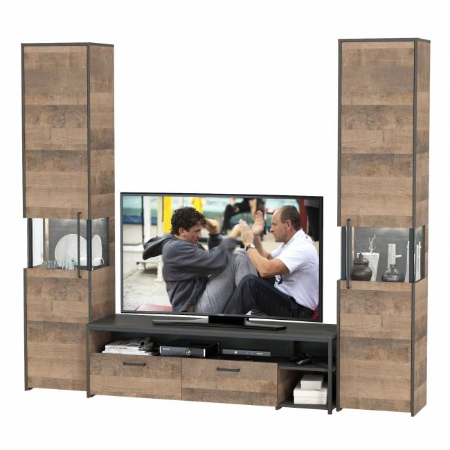 Два шкафа-пенала с подсветкой и тумба под ТВ Трувор № 18 цвет дуб гранж песочный/интра Два шкафа-пенала с подсветкой и тумба под ТВ Трувор № 18 цвет дуб гранж песочный/интра