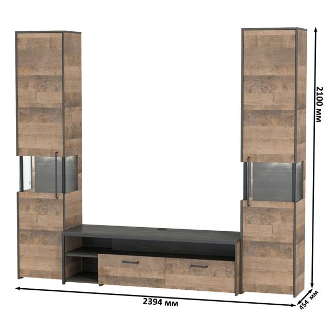 Два шкафа-пенала с подсветкой и тумба под ТВ Трувор № 18 цвет дуб гранж песочный/интра Два шкафа-пенала с подсветкой и тумба под ТВ Трувор № 18 цвет дуб гранж песочный/интра
