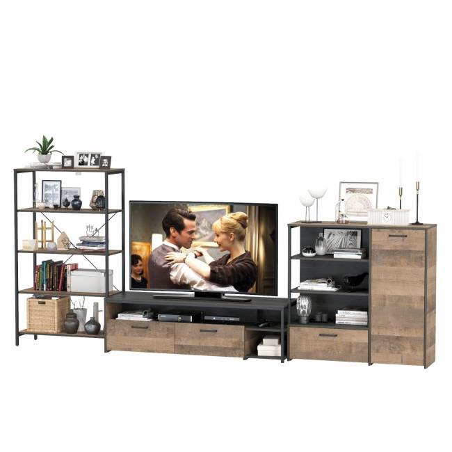 Комод с дверкой и ящиком с ТВ-тумбой для гостиной Трувор и открытый стеллаж с полками цвет дуб гранж песочный/интра