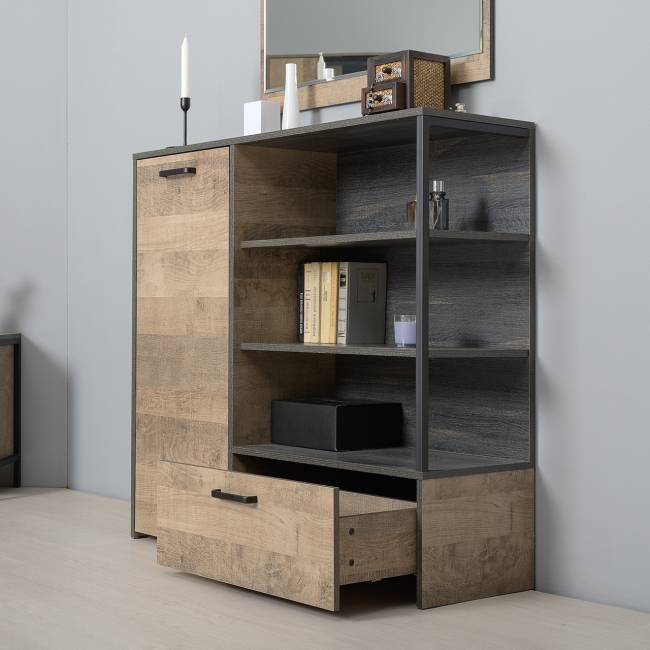 Комод с дверкой и ящиком с ТВ-тумбой для гостиной Трувор и открытый стеллаж с полками цвет дуб гранж песочный/интра