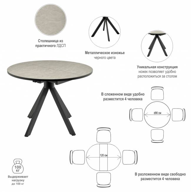 Стол Rudolf круглый раскладной 90-120x90x75см, Дуб Вотан, чёрный