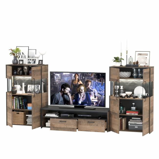 Две тумбы-витрины с подсветкой и с тумбой для телевизора Трувор цвет дуб гранж песочный/интра Две тумбы-витрины с подсветкой и с тумбой для телевизора Трувор цвет дуб гранж песочный/интра