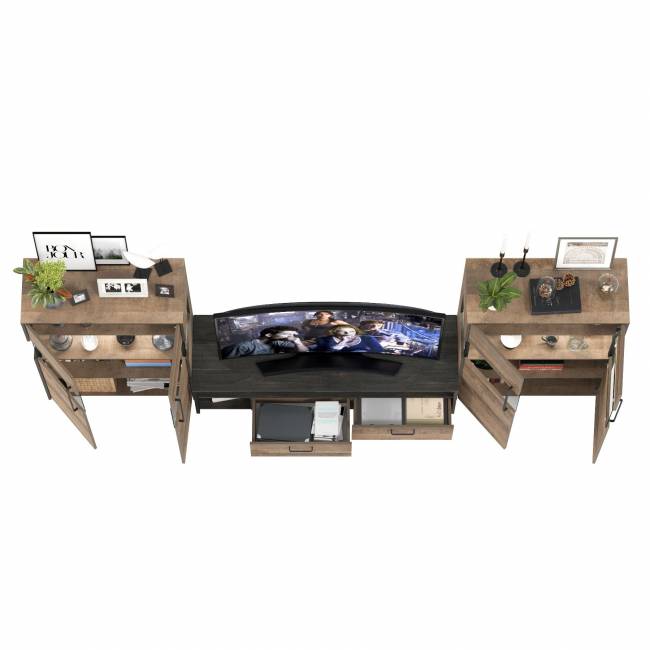 Две тумбы-витрины с подсветкой и с тумбой для телевизора Трувор цвет дуб гранж песочный/интра Две тумбы-витрины с подсветкой и с тумбой для телевизора Трувор цвет дуб гранж песочный/интра