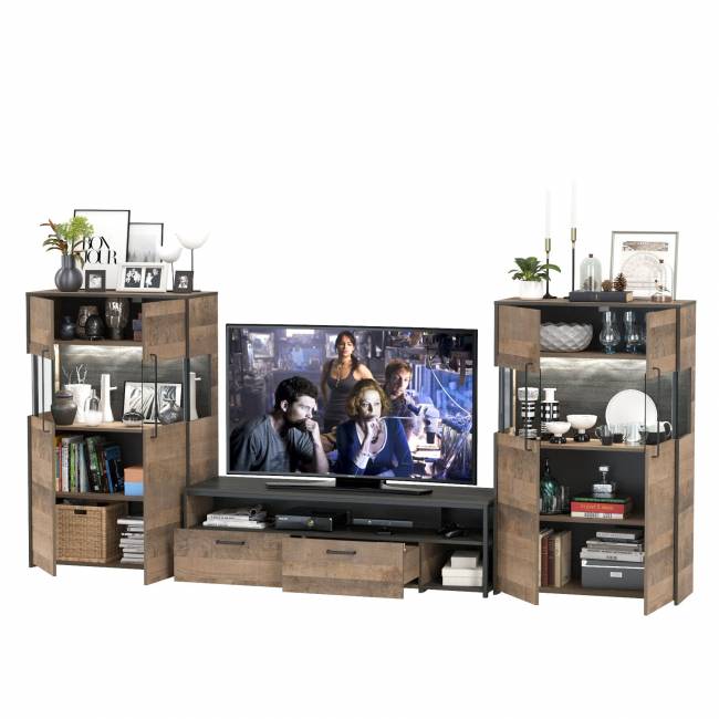 Две тумбы-витрины с подсветкой и с тумбой для телевизора Трувор цвет дуб гранж песочный/интра Две тумбы-витрины с подсветкой и с тумбой для телевизора Трувор цвет дуб гранж песочный/интра