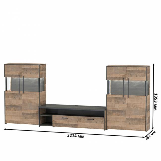 Две тумбы-витрины с подсветкой и с тумбой для телевизора Трувор цвет дуб гранж песочный/интра Две тумбы-витрины с подсветкой и с тумбой для телевизора Трувор цвет дуб гранж песочный/интра