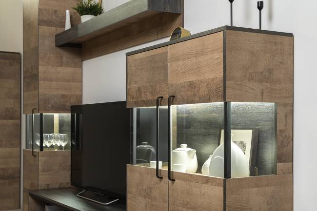 Две тумбы-витрины с подсветкой и с тумбой для телевизора Трувор цвет дуб гранж песочный/интра Две тумбы-витрины с подсветкой и с тумбой для телевизора Трувор цвет дуб гранж песочный/интра