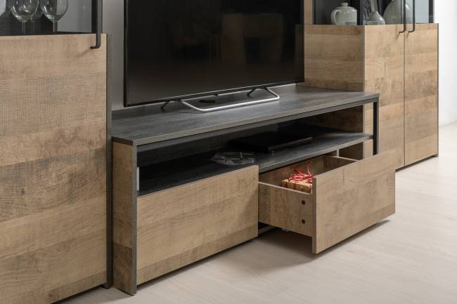 Две тумбы-витрины с подсветкой и с тумбой для телевизора Трувор цвет дуб гранж песочный/интра Две тумбы-витрины с подсветкой и с тумбой для телевизора Трувор цвет дуб гранж песочный/интра