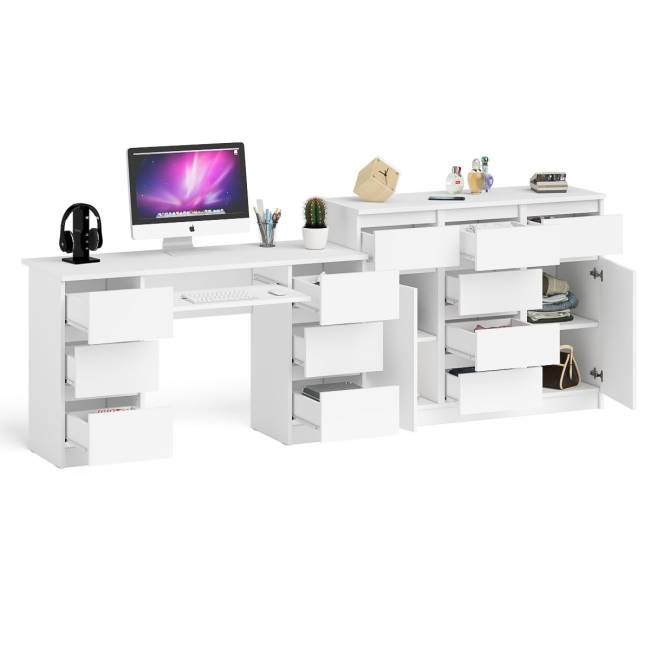 Двухтумбовый стол компьютерный МС-2 с ящиками и тумба-комод МК1200.4 Мори цвет белый