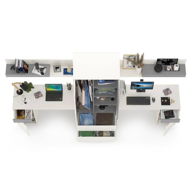 Столы компьютерные Торонто для двоих детей с полками и шкафом цвет белый шагрень/стальной серый