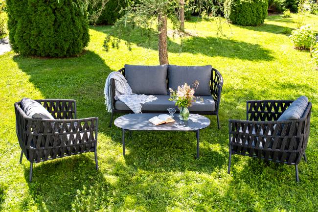 "Диего" лаунж-зона 4-местная плетеная из роупа (веревки), каркас алюминиевый темно-серый, роуп темно-серый "Диего" лаунж-зона 4-местная плетеная из роупа (веревки), каркас алюминиевый темно-серый, роуп темно-серый