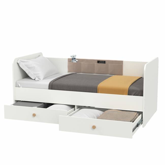 Кровать с ящиками и накладкой-карманом Джастин цвет белый шагрень/ткань серо-бежевая