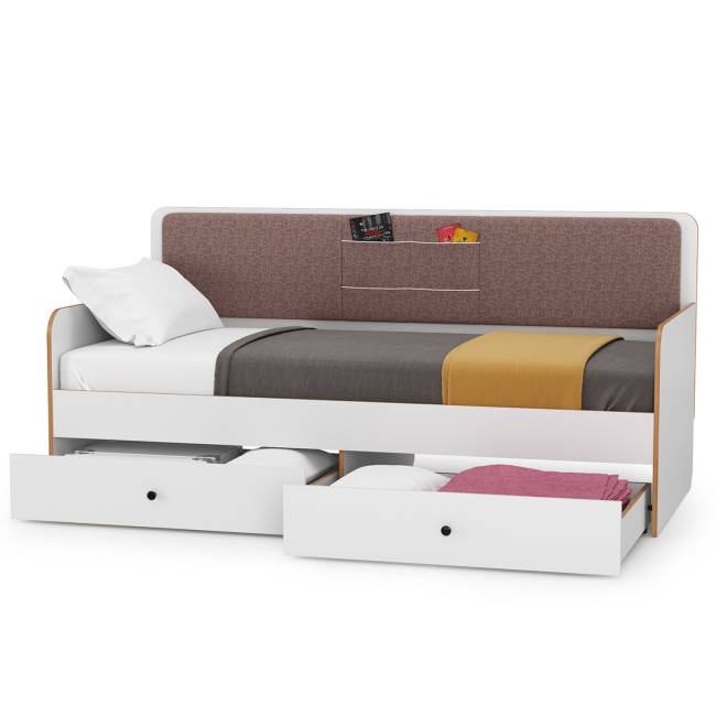 Кровать с ящиками Вуди 11.02 цвет белый премиум/дуб крафт золотой/саванна латте