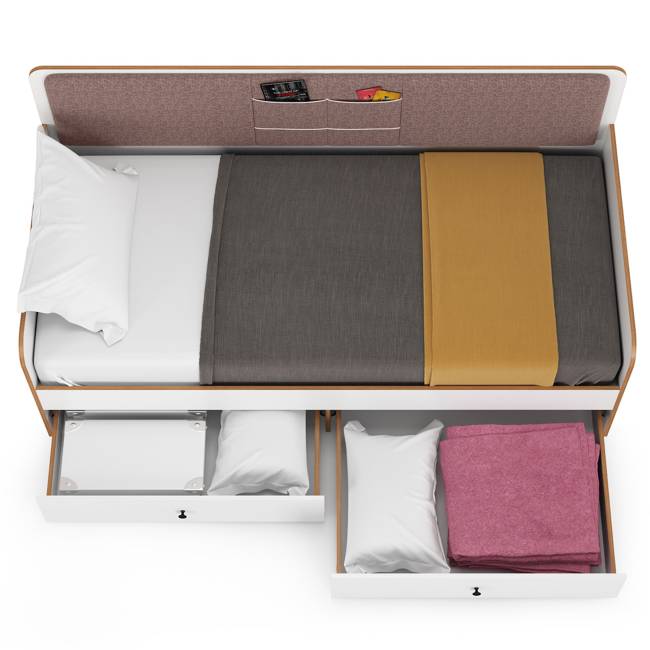 Кровать с ящиками Вуди 11.02 цвет белый премиум/дуб крафт золотой/саванна латте