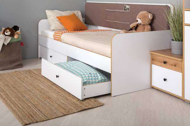 Кровать с ящиками Вуди 11.02 цвет белый премиум/дуб крафт золотой/саванна латте