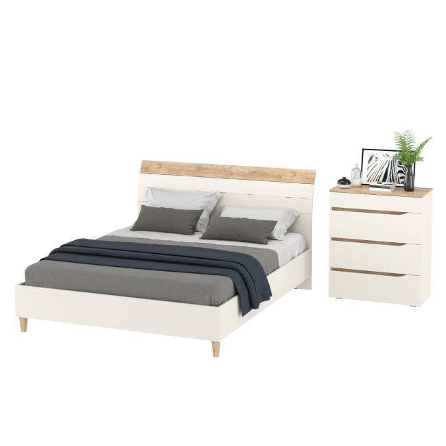 Комод четыре ящика Муссон и кровать со спальным местом 1600х200 цвет белый/дуб эндгрейн элегантный Комод четыре ящика Муссон и кровать со спальным местом 1600х200 цвет белый/дуб эндгрейн элегантный